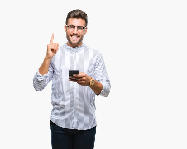 Young Handsome Man Texting Using Smartphone Isolated Background Surprised Idea — Stock Photo, Image