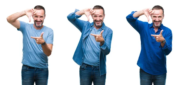 Collage Eines Gut Aussehenden Älteren Mannes Der Blauem Hemd Vor — Stockfoto