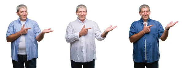 Collage Van Senior Hoary Man Witte Geïsoleerde Backgroud Verbaasd Lachend — Stockfoto