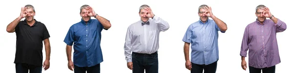 Collage Senior Hoary Man White Isolated Backgroud Doing Gesture Hand — Stock Photo, Image