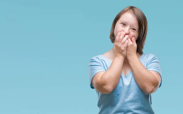 Young Adult Woman Syndrome Isolated Background Shocked Covering Mouth Hands — Stock Photo, Image