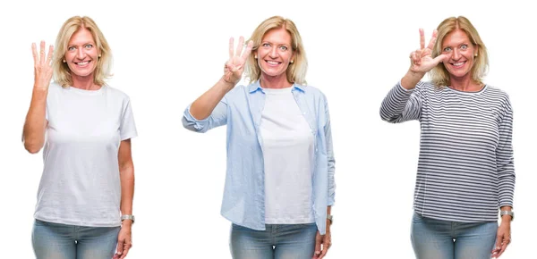 Collage Van Middenleeftijd Mooie Blonde Vrouw Witte Geïsoleerde Backgroud Tonen — Stockfoto