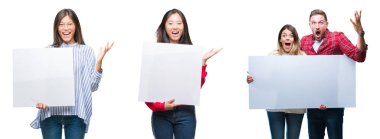 Çince ve hispanish insanlar izole arka plan üzerinde çok mutlu ve heyecanlı, kocaman bir gülümseme ile çığlık ve ellerini kaldırdı kazanan ifade kutluyor zafer afiş tutarak kolaj