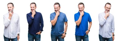 Kolaj emin çapraz kollar ve çeneme kaldırdı el ile gülümseme ile kameraya bakarak izole arka plan üzerinde duran yakışıklı üst düzey ağarmış zarif iş adamı. Pozitif düşünce.