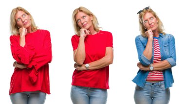 Güzel orta yaş sarışın kadın beyaz izole backgroud çene düşünme hakkında soru, dalgın ifade üzerine el ile kolaj. Düşünceli yüzüyle gülümsüyor. Şüphe kavramı.