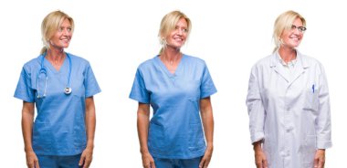 Kolaj güzel orta yaş sarışın doktor kadın beyaz bir uzak tarafına yüzünde, doğal ifade gülümseme ile seyir backgroud izole. Kendine güvenen gülüyor.