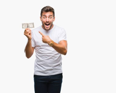 Yakışıklı delikanlı dolar izole arka plan üzerinde çok mutlu el ve parmak ile işaret tutan