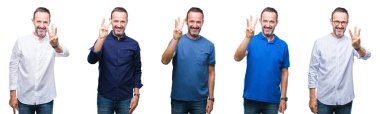 Gösterilen arka plan kolaj duran yakışıklı üst düzey ağarmış zarif iş adamı, izole ve parmakları ile işaret kendinden emin ve mutlu gülümseyerek iken üçüncü.
