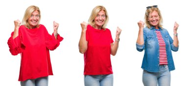 Kolaj gülümseyen ve başarı için çığlık güzel orta yaş sarışın kadının üzerinde beyaz izole backgroud çok mutlu ve heyecanlı kaldırdı, silah ile kazanan jest yapıyor. Kutlama kavramı.