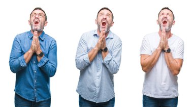 Yakışıklı üst düzey ağarmış adam yalvarıyor ve umut ifade yüzünde çok duygusal ve endişe ile birlikte elleriyle dua izole arka plan üzerinde ayakta kolaj. Bağışlanmak. Din kavramı.