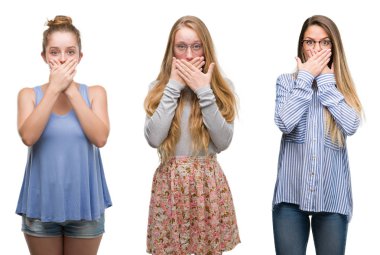 Kolaj bir grup izole arka plan ağız hata için elleriyle kapsayan şok üzerinde sarışın kadın. Gizli kavramı.