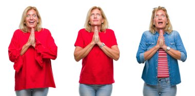 Kolaj yalvarıyor ve umut ifade yüzünde çok duygusal ve endişe ile birlikte elleriyle dua beyaz izole backgroud güzel orta yaş sarışın kadın. Bağışlanmak. Din kavramı.