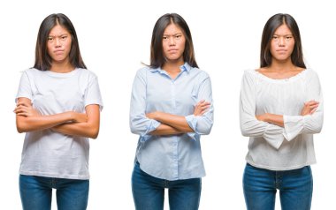 Kolaj üzerinde beyaz izole arka plan şüpheci ve sinir, onaylamayan ifade yüz çapraz kolları üzerinde duran Asya genç kadın. Negatif kişi.