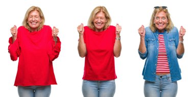 Kolaj güzel orta yaş sarışın kadın beyaz izole backgroud silah ile başarı için heyecan üzerinde bir zafer kutluyor gülümseyen kaldırdı. Kazanan kavramı.