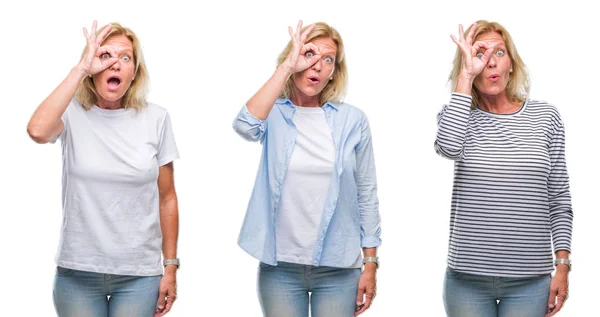 Collage Vackra Medelålders Blond Kvinna Över Vita Isolerade Backgroud Gör — Stockfoto