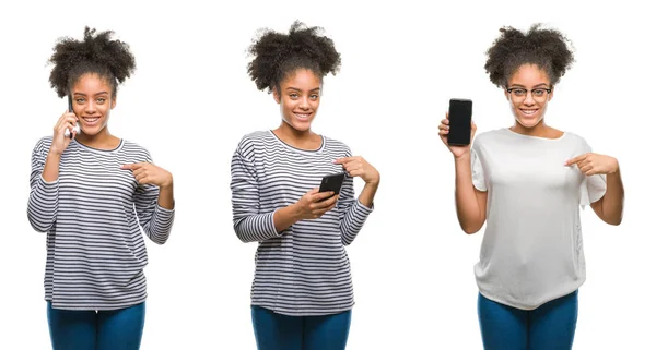 Colagem Mulher Afro Americana Segurando Smarpthone Sobre Fundo Isolado Com — Fotografia de Stock