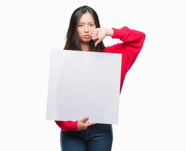 Jonge Aziatische Vrouw Houdt Van Banner Geïsoleerde Achtergrond Met Een — Stockfoto