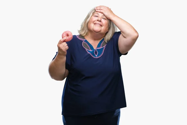 Senior Size Caucasian Woman Eating Sugar Donut Isolated Background Open — Stock Photo, Image