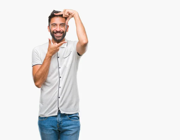 Ενηλίκων Ισπανόφωνος Άνθρωπος Πέρα Από Απομονωμένο Υπόβαθρο Χαμογελώντας Καρέ Κάνοντας — Φωτογραφία Αρχείου