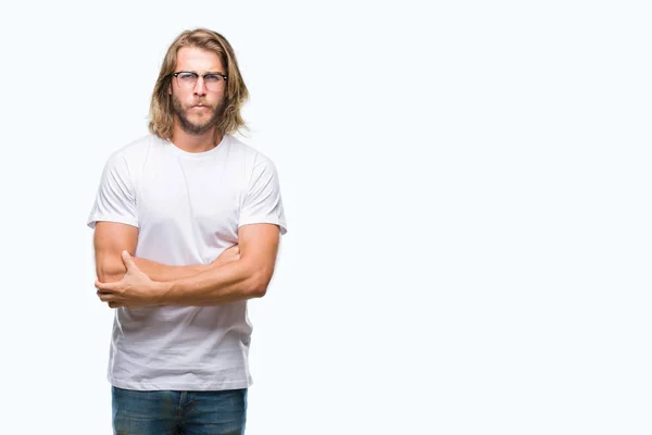 Young Handsome Man Long Hair Wearing Glasses Isolated Background Skeptic — Stock Photo, Image