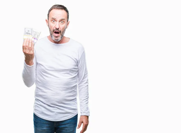 Senior Hoary Mann Hält Buch Von Dollars Über Isolierten Hintergrund — Stockfoto