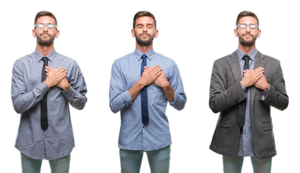 Collage Jóvenes Empresarios Hispanos Sobre Fondo Aislado Sonriendo Con Las — Foto de Stock