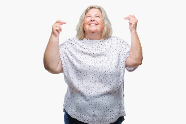 Senior Más Tamaño Mujer Caucásica Sobre Fondo Aislado Sonriendo Cruzando —  Fotos de Stock