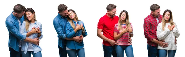 Collage Beautiful Couple Together White Isolated Backgroud Smiling Hands Chest — Stock Photo, Image