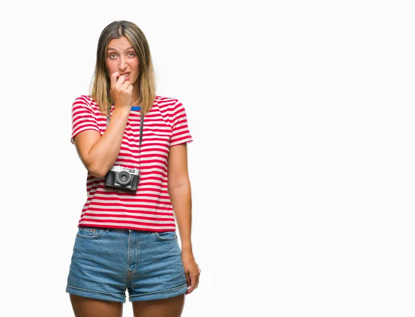 Young Beautiful Woman Taking Pictures Using Vintage Photo Camera Isolated — Stock Photo, Image