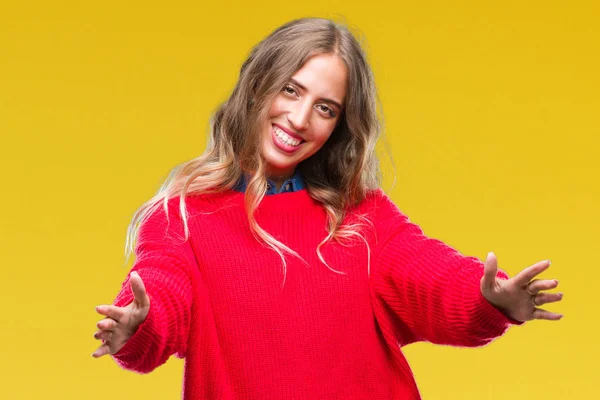 Mulher Loira Bonita Vestindo Camisola Inverno Sobre Fundo Isolado Olhando — Fotografia de Stock