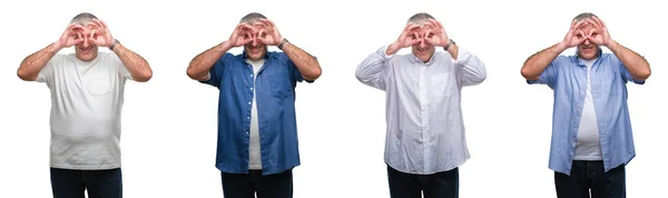 Collage Senior Hoary Man White Isolated Backgroud Doing Gesture Binoculars — Foto Stock