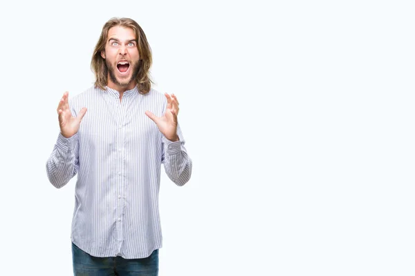 Young Handsome Man Long Hair Isolated Background Crazy Mad Shouting — Stock Photo, Image