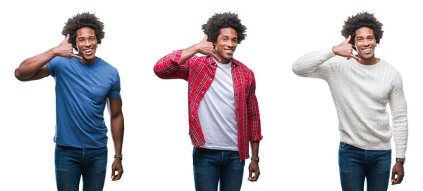 非洲裔美国年轻英俊男子拼贴画在孤立的背景下微笑着用手和手指做电话手势 就像在电话里聊天一样 沟通理念 — 图库照片