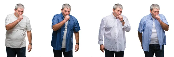 Collage Senior Hoary Man White Isolated Backgroud Feeling Unwell Coughing — Stock Photo, Image