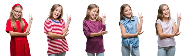 Colagem Jovem Menina Bonita Criança Sobre Fundo Isolado Sorrindo Com — Fotografia de Stock