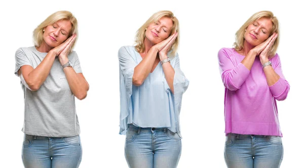 Collage Hermosa Mujer Rubia Mediana Edad Sobre Fondo Blanco Aislado —  Fotos de Stock