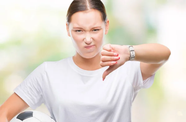 Giovane Bella Donna Caucasica Che Tiene Palla Calcio Sfondo Isolato — Foto Stock