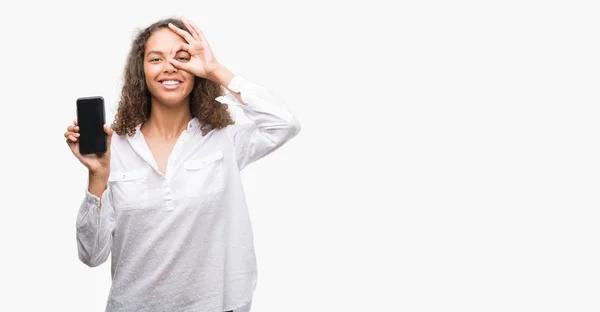 Young Hispanic Woman Using Smartphone Happy Face Smiling Doing Sign — Stock Photo, Image