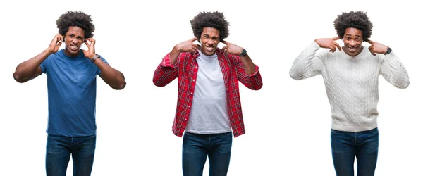 Colagem Afro Americano Jovem Bonito Sobre Fundo Isolado Cobrindo Orelhas — Fotografia de Stock