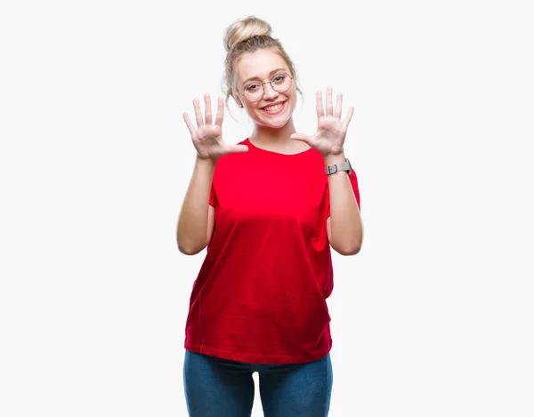 Jovem Loira Usando Óculos Sobre Fundo Isolado Mostrando Apontando Para — Fotografia de Stock