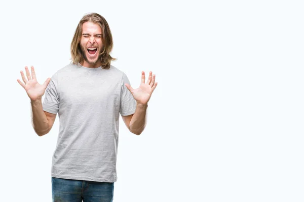 Joven Hombre Guapo Con Pelo Largo Sobre Fondo Aislado Celebrando — Foto de Stock