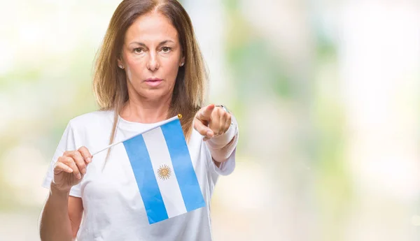 Middle Age Hispanic Woman Holding Flag Argentina Isolated Background Pointing — Stock Photo, Image