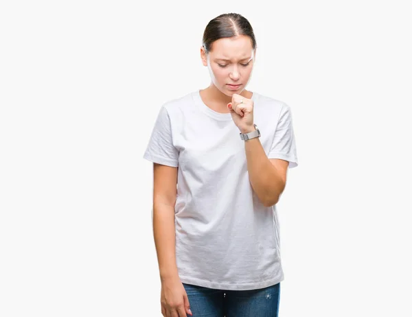 年轻美丽的白种人妇女在孤立的背景感到不适和咳嗽作为症状为感冒或支气管炎 医疗理念 — 图库照片
