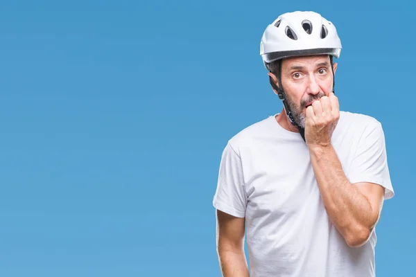 Hombre Ciclista Mediana Edad Con Casco Seguridad Bicicleta Aislado Fondo —  Fotos de Stock