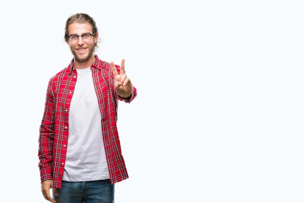 Junger Gutaussehender Mann Mit Langen Haaren Brille Vor Isoliertem Hintergrund — Stockfoto