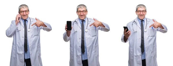 Colagem Idoso Hoary Médico Homem Falando Telefone Sobre Branco Isolado — Fotografia de Stock