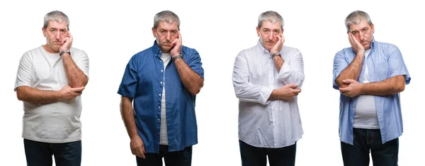 Collage Van Senior Hoary Man Witte Geïsoleerde Backgroud Denken Zoek — Stockfoto