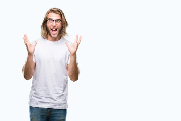 Junger Gutaussehender Mann Mit Langen Haaren Brille Vor Isoliertem Hintergrund — Stockfoto