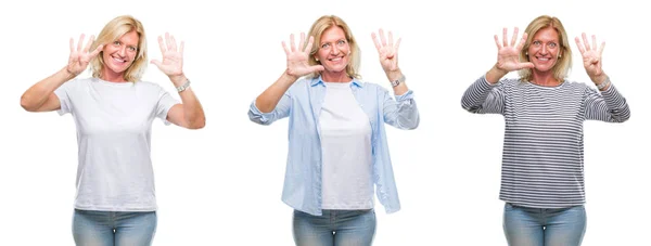 Collage Beautiful Middle Age Blonde Woman White Isolated Backgroud Showing — Stock Photo, Image