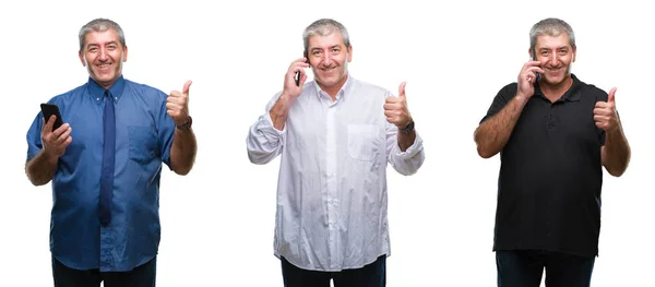 Collage Senior Hoary Man Using Smartphone White Isolated Backgroud Happy — Stock Photo, Image
